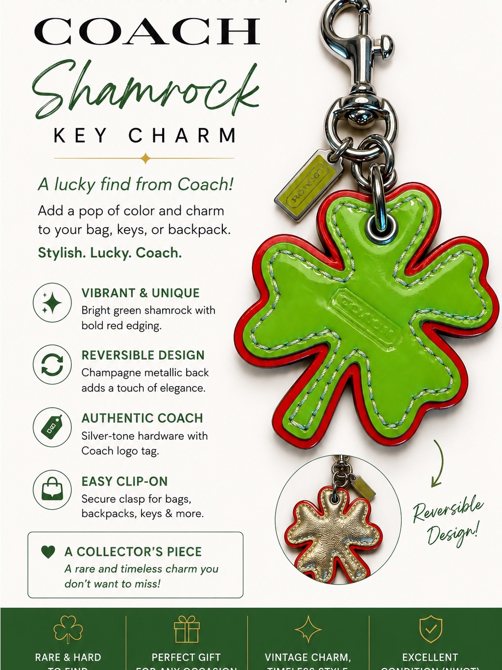 NWOT Rare Coach Green/Champagne Metallic Shamrock Keychain Charm Vintage Y2K